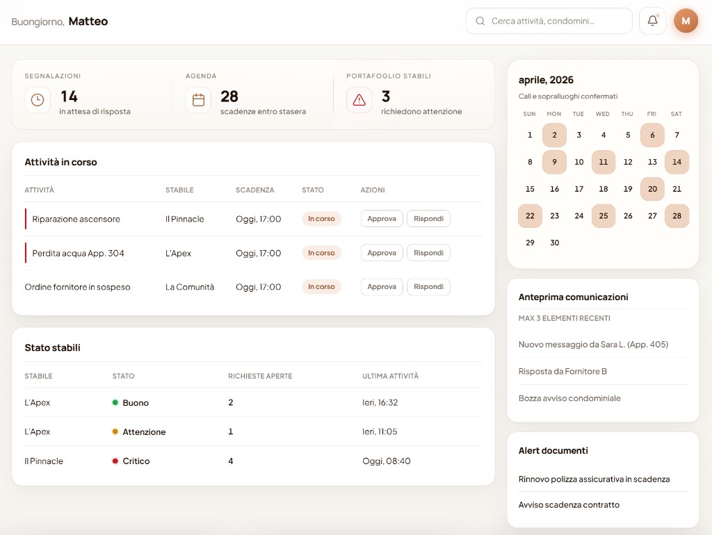Anteprima dashboard CondEasy: indicatori, priorità e calendario